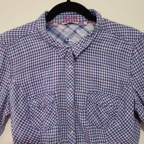  Guess Womens Button Down Shirt Sz L Gingham Check Barbie Western Pink Blue  - Picture 3 of 14